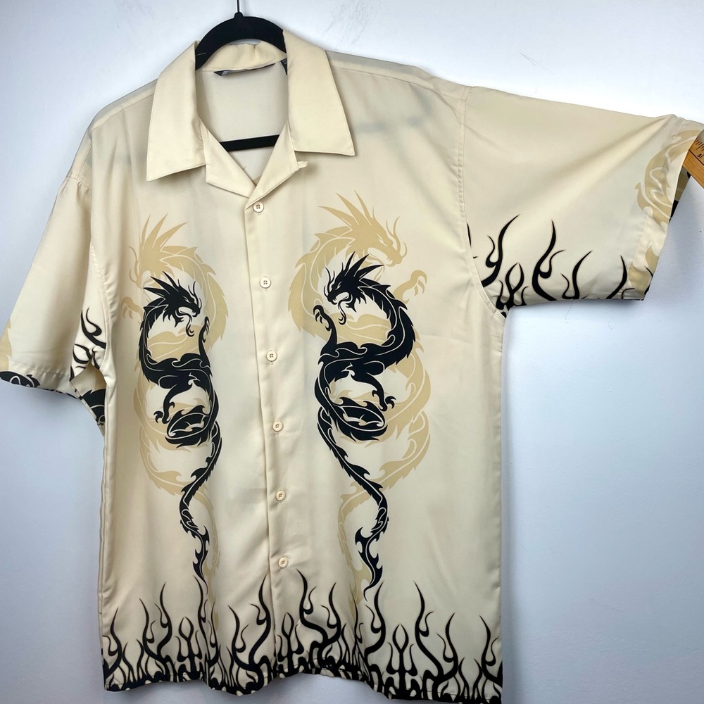 Vintage Duel Dragon Mens Casual Short Sleeve Button Up Skater Million Guy Large